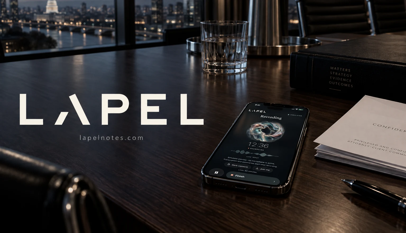 LAPEL recording screen on a phone resting on a dark walnut desk, beside a leather folio and papers, with London beyond the windows.